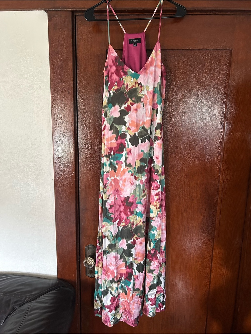 Tahari Pink and Green Floral Maxi Slip Dress